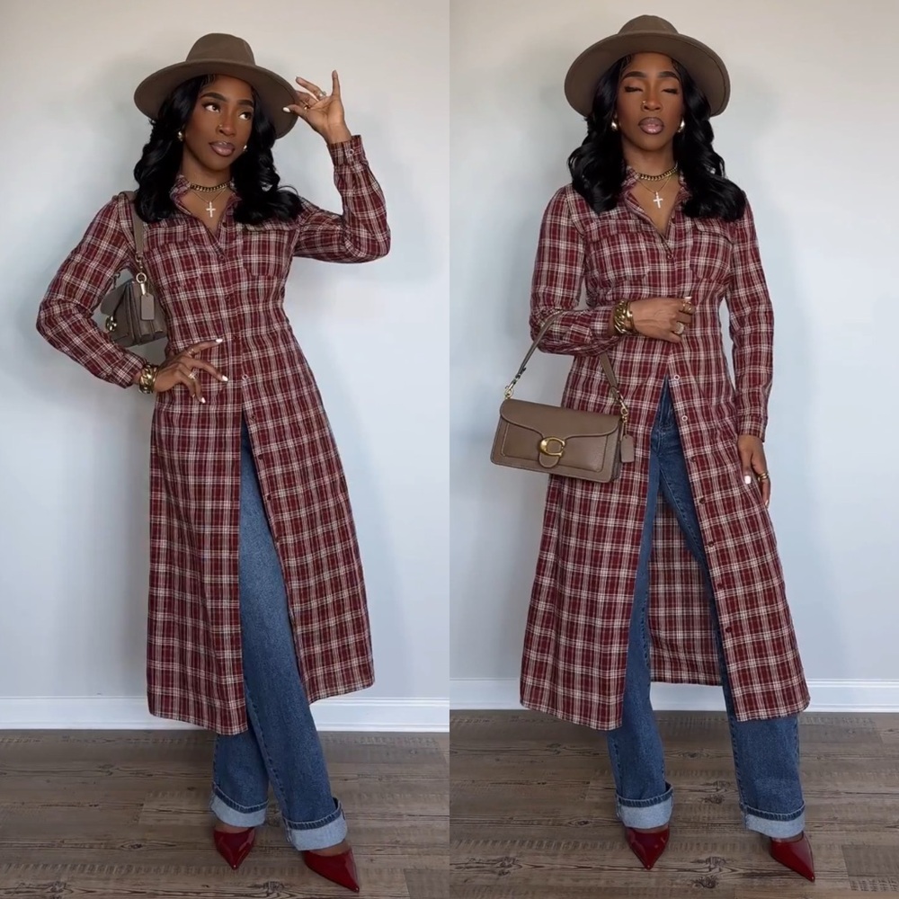 Commense Burgundy and Cream Plaid Button-Up Shirt Dress